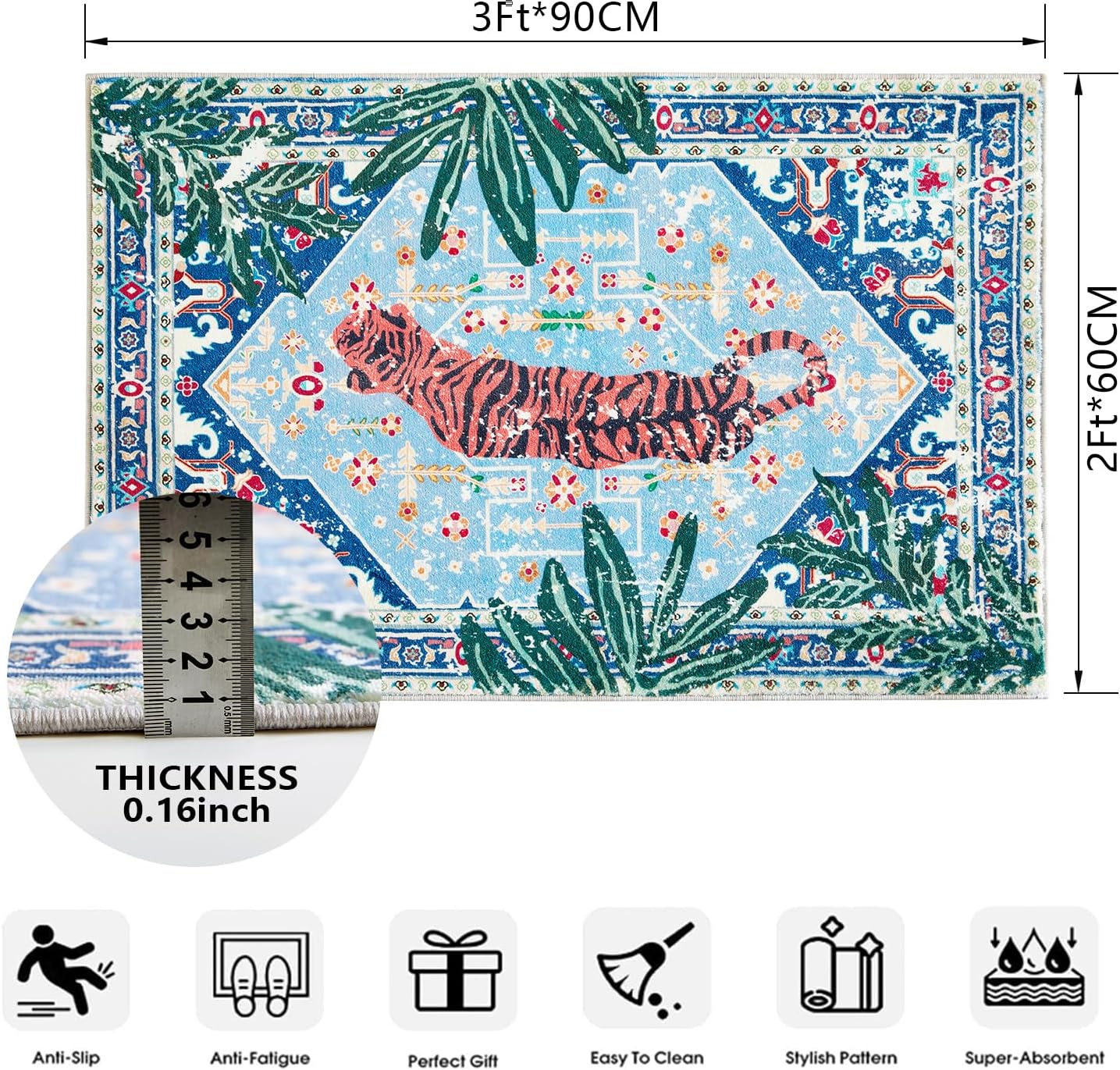 Tropical Jungle Rugs, 2x3 Faux Wool Botanical Boho Throw Rugs for Bathroom Kitchen Small Indoor Entryway Rug Modern Vintage Distressed Hippie Indian Accent Floor Mat Non-Slip Washable