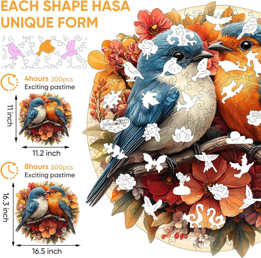 Wooden Puzzle for Adults, Twin Birds Jigsaw Puzzles 500 Piece, Unique Shapes Family Reunion Puzzle for Adults, Beautiful Package, Best Gift for Family Friends Medium 11.4x11in