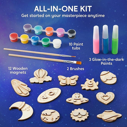 JOYIN 12 Glow in The Dark Wooden Magnets for Kids, Paint Your Own Arts and Crafts Painting Kit, Halloween Crafts Birthday Parties and Family Crafts Gift, Party Favors for Boys Girls Ages 3+