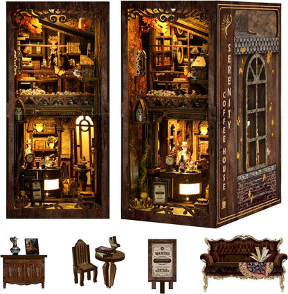 [2025 New] Coffee House Book Nook Kit with Dust Cover & LED Light, DIY Miniature House Kit Toy, 3D Wooden Puzzle Bookshelf Decor Building Kit, Birthday Gifts for Family & Friends