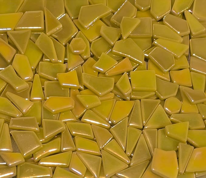 Irregular Glass Mosaic Tiles Bulk 500g Glossy and Iridescent Mosaic Glass Tiles for DIY Projects and Arts and Crafts Solid Colors and Mixes (Iridescent Yellow)