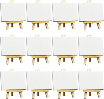 FIXSMITH 3x4 Inch Mini Stretched Canvas Easel Set- Bulk Pack of 12,Set Contains 12 Rectangle Canvases &12 Mini Easels,Small White Art Canvases & Wood Easels for Painting Craft Drawing Decoration