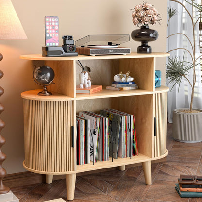Large Round Record Player Stand with Charging Station & USB Ports，Record Storage Cabinet, Mid Century Modern Turntable Stand for Bedroom Living Room (Small Oak)