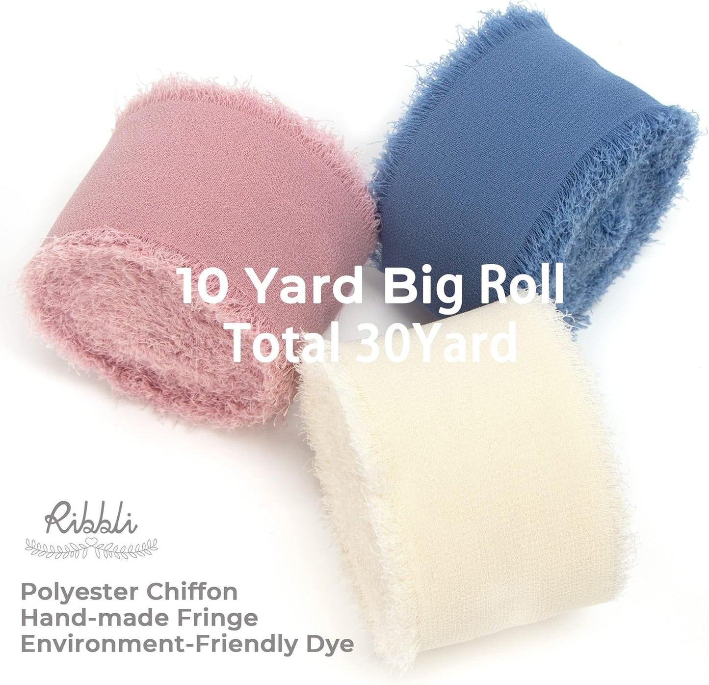 Ribbli Chiffon Silk Ribbon, 1.5 in x 30 Yards, Ivory/Dusty Rose/Dusty Blue Fringe for Wedding Invitations, Bridal Bouquets, Flower Arrangements - Crafty Corner