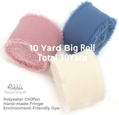 Ribbli Chiffon Silk Ribbon, 1.5 in x 30 Yards, Ivory/Dusty Rose/Dusty Blue Fringe for Wedding Invitations, Bridal Bouquets, Flower Arrangements - Crafty Corner