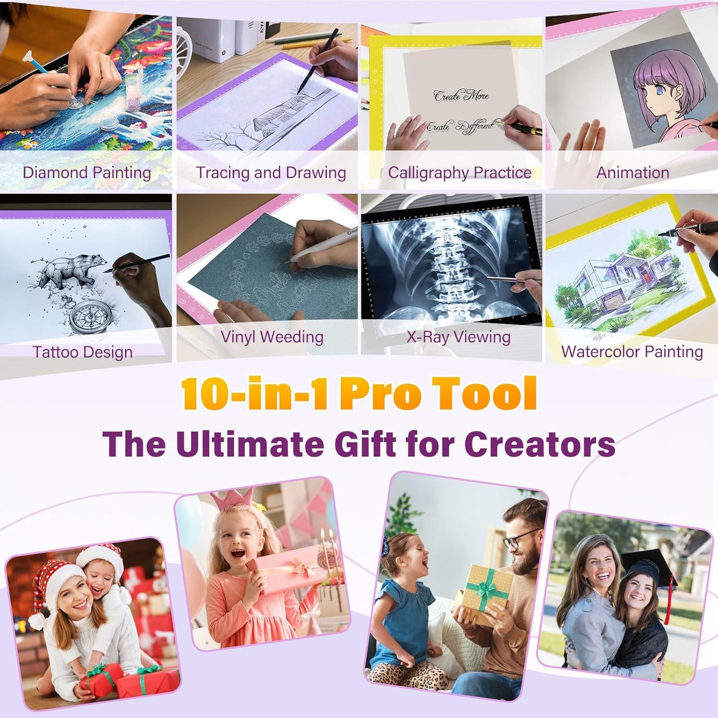 ZEXALIGHT A2 Light Box for Tracing, Light Pad for Diamond Painting with 8 Levels/Stepless Dimming Brightness and 3 Color Modes, Ultra-Thin Copy Board Light Table for Artists Tracing Drawing (Purple)