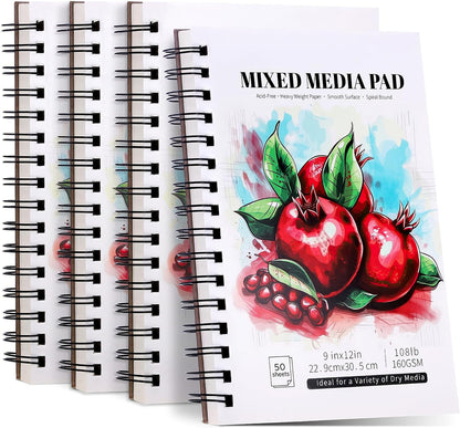 4 Pack Mixed Media Sketchbook, 9x12 inches Drawing Paper Sketch Book, 98lb/160gsm Heavyweight Spiral Bound Sketch Pads, Suitable for Wet and Dry Media, Drawing, Painting, Sketching(200 Sheets) - Crafty Corner