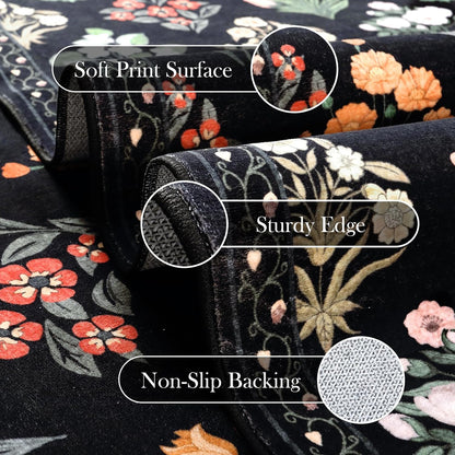 Wonnitar Washable 3x5 Area Rug, Floral Print Rugs for Entryway Indoor, Stain Resistant Moroccan Trellis Small Throw Carpet for Kitchen Laundry Dorm Office, Black/Multi