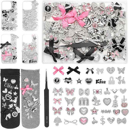 100 Pcs Bling Flat Back Junk Charm Kit for Junk Socks/Shoes/Phone Cases/Bracelets & DIY Accessories, Including Silver and Pink Bows/Hearts/Stars/Rhinestone Charms, Great Christmas Gift Idea for Girls
