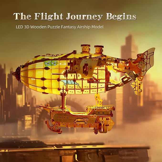 LED 3D Wood Puzzle Fantasy Airship Model - Steampunk DIY Craft Kit with LED Lights – Intricate Wooden Airship Model Building Set for Teens and Adults(White)