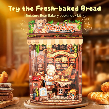3D Wood Puzzle Bear Bakery LED Dollhouse Book Nook Kit - Miniature Bookshelf Insert DIY Home Decor Gift for Kids and Adults (Bear Bakery)