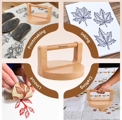 Windspeed Upgrade Wood Baren for Printmaking, 5.5 in Thicker Block Printing Baren Tools Printing Wood Block for Linocut Scrapbooking Crafting Embossing Tool with Wiping Cloth