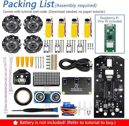 Freenove Mecanum Wheel Car Kit for Raspberry Pi Pico W (Included) (Compatible with Arduino IDE), Dot Matrix Expressions, Obstacle Avoidance, Line Tracking, Light Tracing, Colorful Light, App