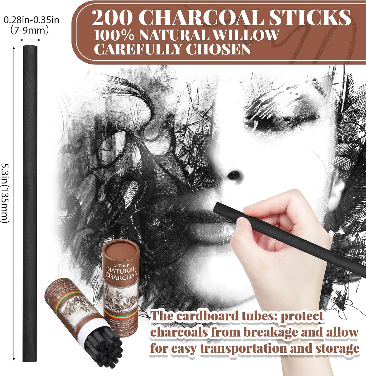 Gueevin 200 Pcs Willow Charcoal Sticks, Willow Charcoal, Artists, Beginners, Students, Perfect for Sketching, Drawing, Shading, and Fine Art Christmas Gifts for Art (5-7mm)