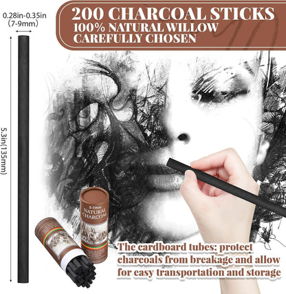 Gueevin 200 Pcs Willow Charcoal Sticks, Willow Charcoal, Artists, Beginners, Students, Perfect for Sketching, Drawing, Shading, and Fine Art Christmas Gifts for Art (5-7mm)