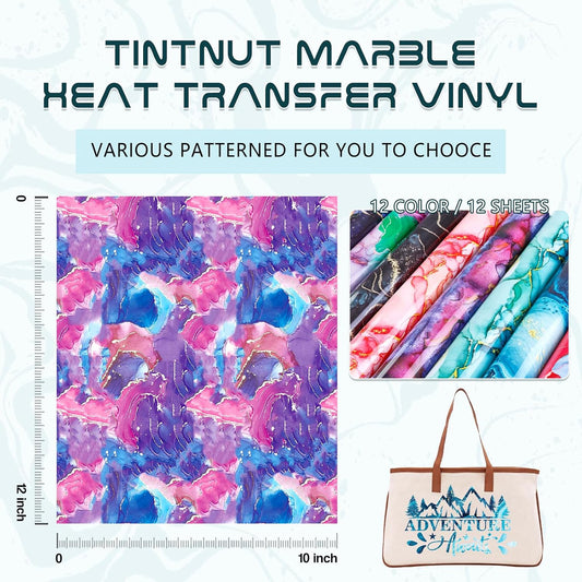 Tintnut Marble Heat Transfer Vinyl - 12 Sheets 10 x 12 Inch Bundles Watercolor Gold Pattern Iron on Vinyl Opal Ombre Print HTV Transfer DIY T-Shirt Gift Canvas Bag for Cricut or Silhouette Cameo
