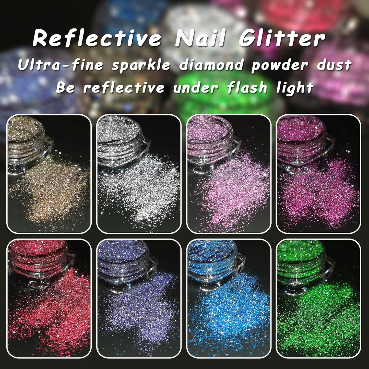 Reflective Glitter Powder Set, 8 Colors Holographic Sparkle Glitter Dust, Flash Diamond Silver Pink Red Purple Blue Shiny Sugar Dipping Pigment DIY Manicure Nail Art Decoration Crafts