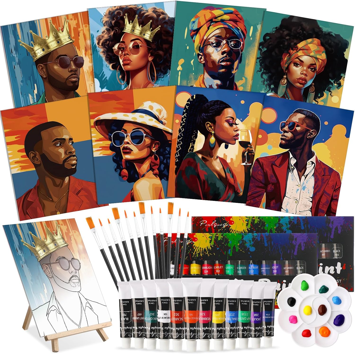 Cholemy 36 Pcs Paint and Sip Kit for Adults 8''x10'' Pre Drawn Canvas for Painting DIY Afro Acrylic Painting Kit Wood Easel Brushes Date Night Bulk for Christmas Party Gifts(Black Women) - Crafty Corner