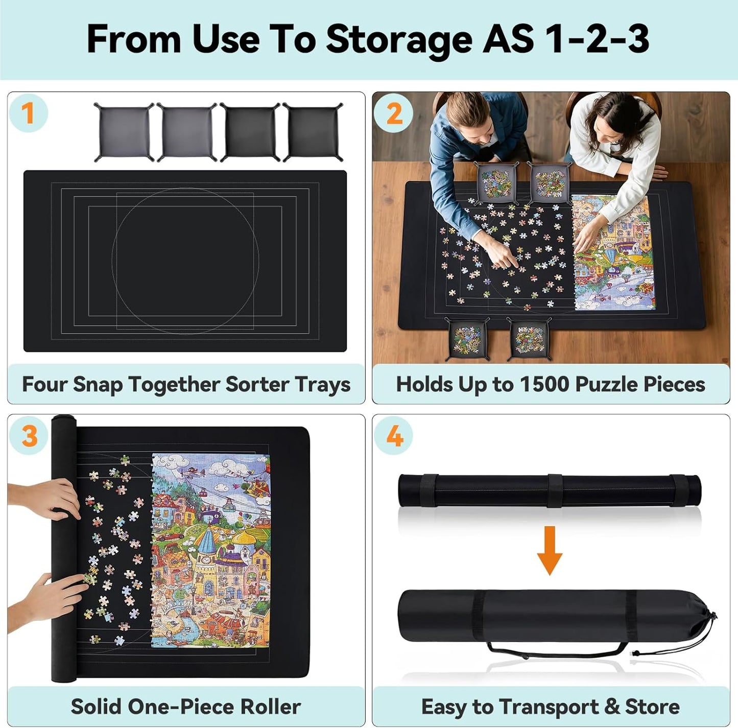Puzzle Mat Roll Up with Drawstring Storage Bag, Portable Saver Pad 46” x 26” Up to 1500 Pieces with Non-Slip Rubber Bottom & Smooth Top + 4 Puzzle Sorting Trays & Travel-Friendly Storage Bag