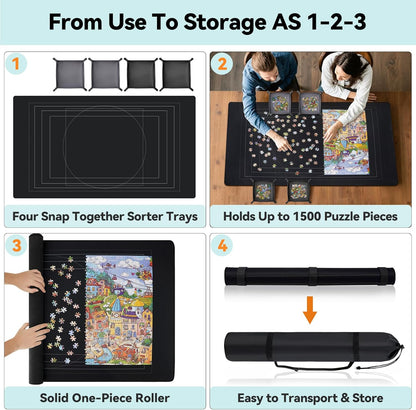 Puzzle Mat Roll Up with Drawstring Storage Bag, Portable Saver Pad 46” x 26” Up to 1500 Pieces with Non-Slip Rubber Bottom & Smooth Top + 4 Puzzle Sorting Trays & Travel-Friendly Storage Bag