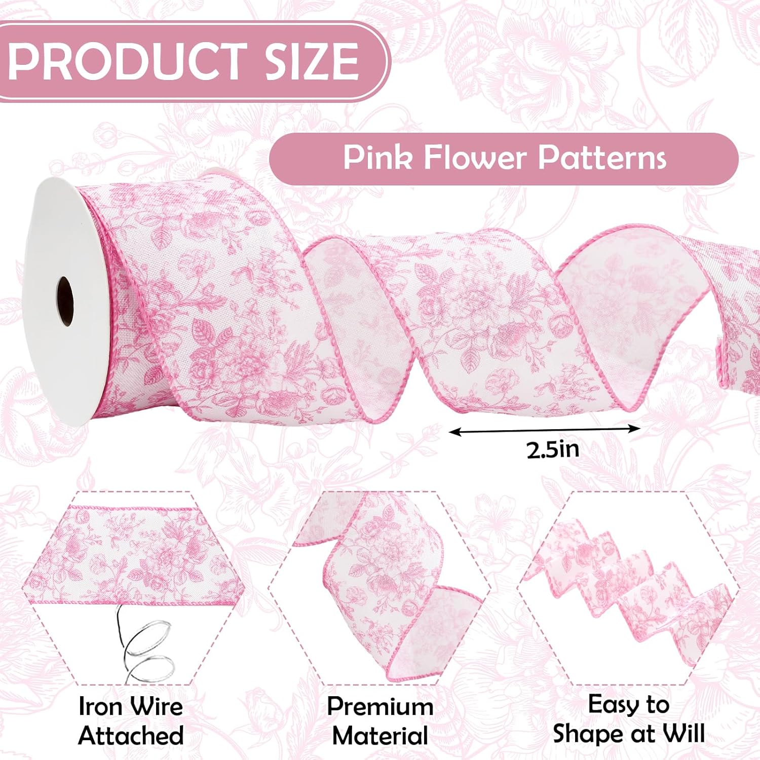AnyDesign Floral Wired Edge Ribbon Roll Pink Flower Ribbon Chinoiserie Fabric Ribbon for Wreath Bow Making DIY Crafts Gift Wrapping, 12 Yard - Crafty Corner