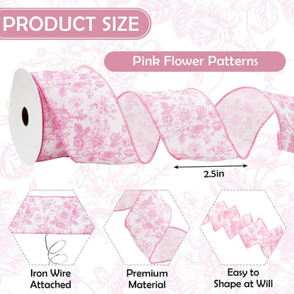 AnyDesign Floral Wired Edge Ribbon Roll Pink Flower Ribbon Chinoiserie Fabric Ribbon for Wreath Bow Making DIY Crafts Gift Wrapping, 12 Yard - Crafty Corner