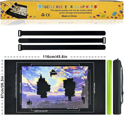 Napzy Puzzle Mat, Jigsaw Matt Rollup 8PCS Sorting Trays Up to 1500pcs Puzzles Matt Rollup 45.6 x 26.3 in Jigsaw Keeper and Saver Jigsawes Pad Has Storage Bag for Puzzle Lovers, Felt Matted Black