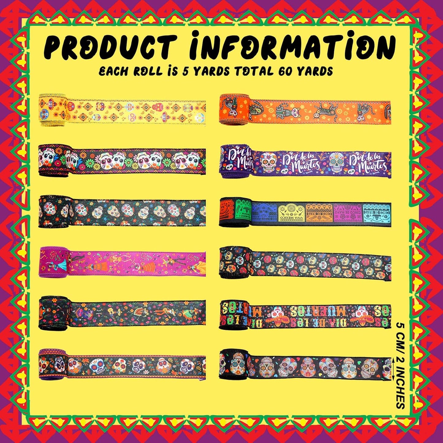 12 Rolls 60 Yards Day of The Dead Wired Edge Ribbons Black Purple Sugar Skull Flower Burlap Ribbon Dia De Los Meurtos Ribbon for Halloween Party DIY Craft Wreath Decor - Crafty Corner