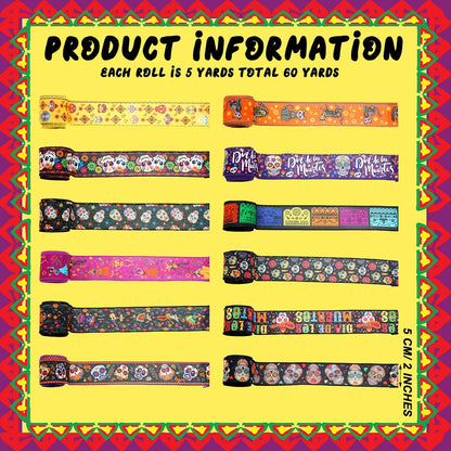 12 Rolls 60 Yards Day of The Dead Wired Edge Ribbons Black Purple Sugar Skull Flower Burlap Ribbon Dia De Los Meurtos Ribbon for Halloween Party DIY Craft Wreath Decor - Crafty Corner