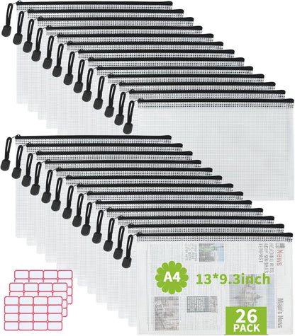Vuzvuv 26pcs A4 Size 13"x 9.3" Mesh Zipper Pouch Zipper Bags,Document File Folders with Label Sticker,Waterproof Plastic Mesh Bag for File, Makeup, Board Game School Office Home Travel Storage