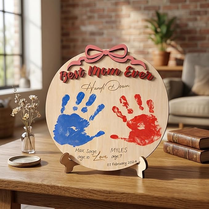 Personalized Best Mom Ever Hands Down Decorative Sign, Family Handprint with Non-Toxic Paints, Toddler Crafts for Mother's Day, Mom Birthday Gifts from Kids