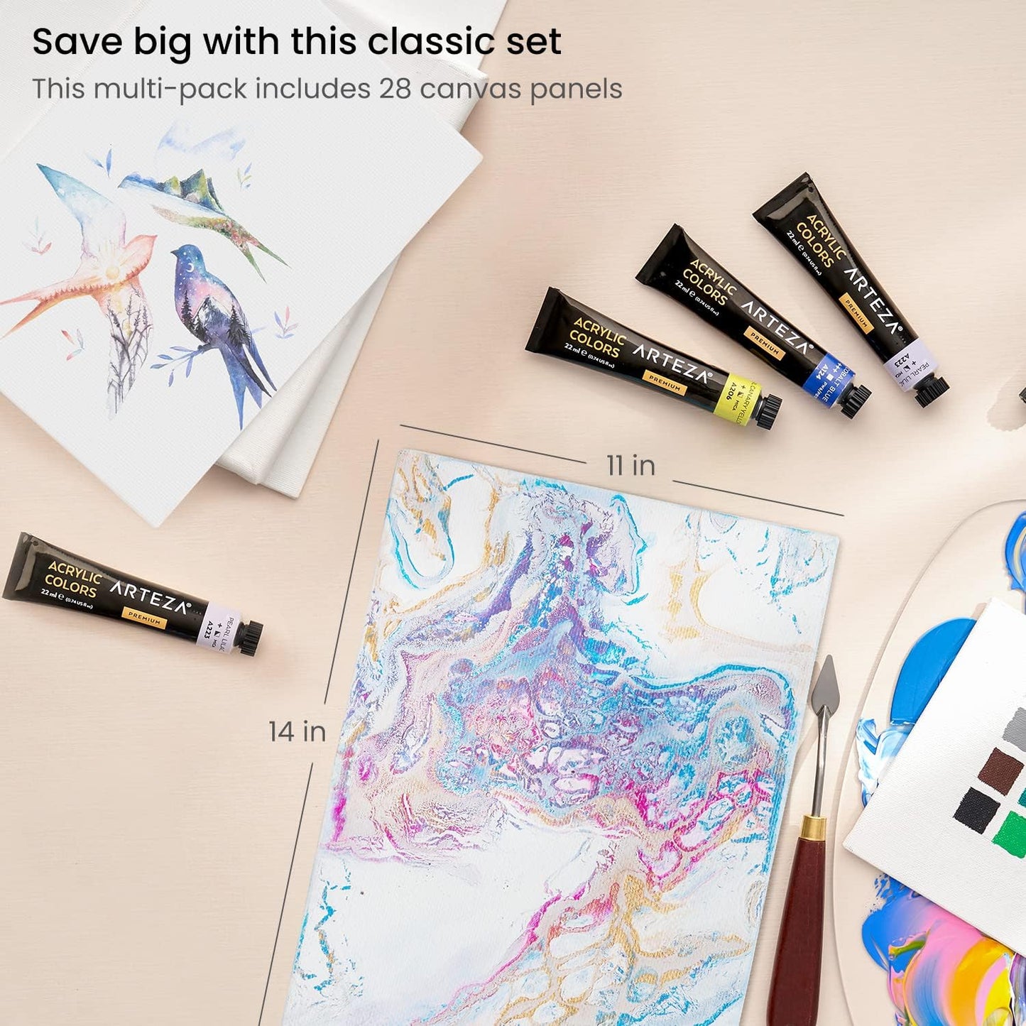ARTEZA Canvas Boards for Painting, 11 x 14 Inches, Pack of 28, Blank White Canvas Panels for Acrylic, Oil and Gouache Painting