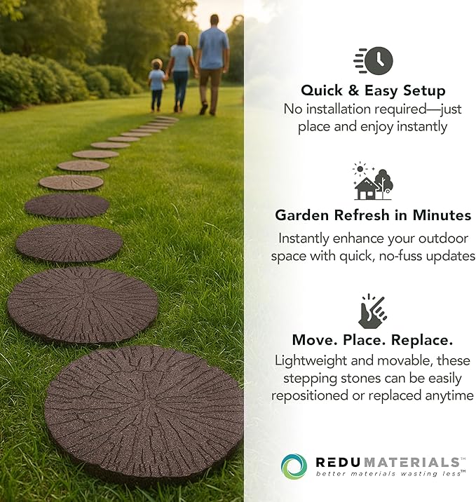TierraVerde 4-Pack 18”x18” Fake Cracked Log Rubber Stepping Stones, Round, Brown – Reversible Non-Slip Outdoor Faux Decorative Set for Landscaping – DIY Decor for Walkways & Yard Pathways