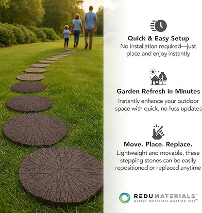 TierraVerde 4-Pack 18”x18” Fake Cracked Log Rubber Stepping Stones, Round, Brown – Reversible Non-Slip Outdoor Faux Decorative Set for Landscaping – DIY Decor for Walkways & Yard Pathways