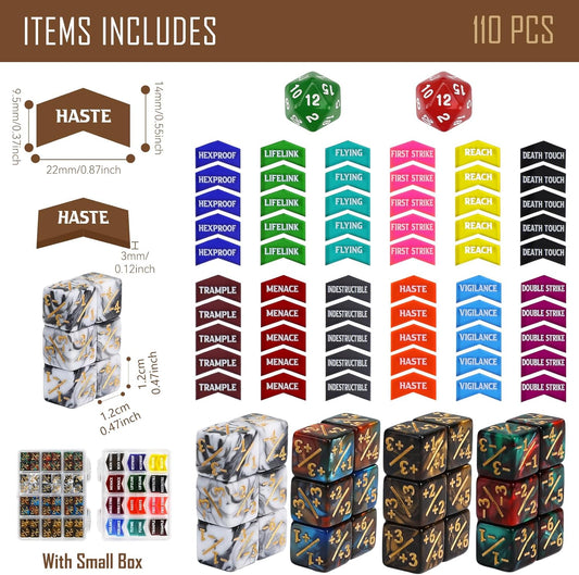 110PCS MTG Tokens & 12mm Magic Counter +1/+1 MTG Dice Set, Buff Ability Keywords Tokens Life Counters 6 Sided Dice, Compatible with Magic The Gatering CCG TCG Magic Card Game Accessories