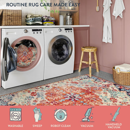 Lahome Bohemian Floral Medallion Round Rug - 4Ft Soft Bedroom Area Rug Oriental Distressed Washable Entryway Foyer Throw Mat Non-Slip Door Carpet for Dining Living Room Bedside Nursery, Orange/Multi