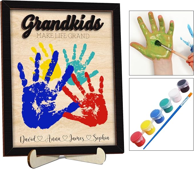 Grandma Birthday Gifts, Grandkids Handprint Sign with Paints, Art Prints Family Keepsake Mother's Day Thanksgiving Gift for Nana, Grammy, Craft Keepsake Wooden Frame, Family Gifts for New Grandma