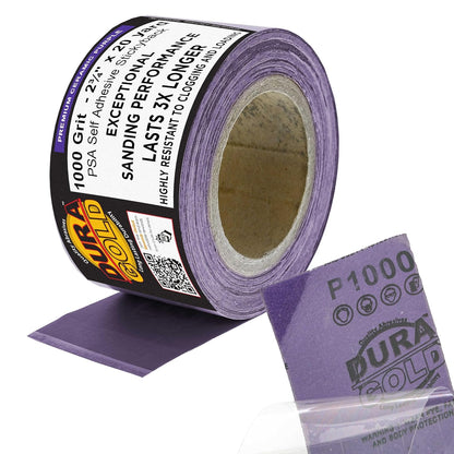 Dura-Gold Premium 1000 Grit PSA Purple Film Ceramic Longboard Sandpaper, 2-3/4" Wide Continuous 20 Yard Roll - Self Adhesive Stickyback for Auto & Wood Air File Long Board Sanders, Hand Sanding Blocks