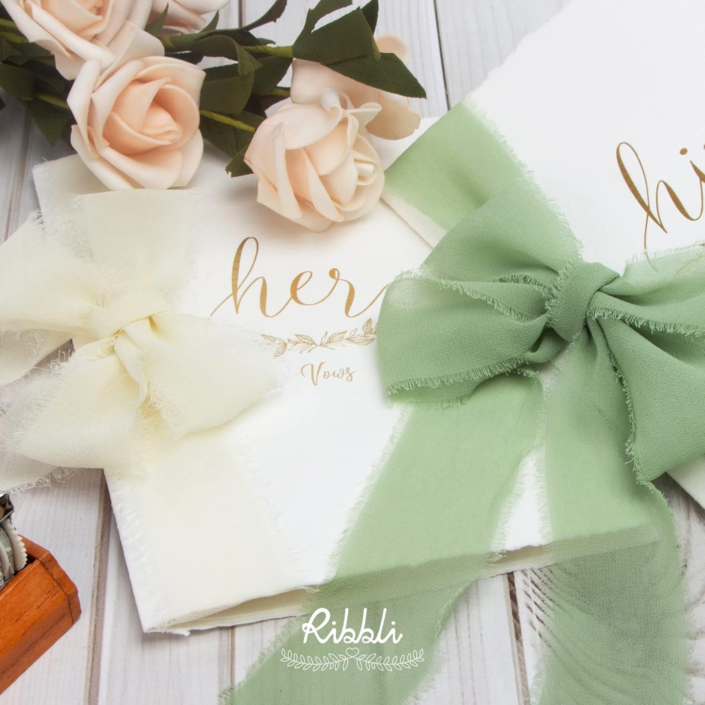 Ribbli Chiffon Ribbon 1.5 inch x 30 Yard Handmade Silk Ribbon, Ivory/Blush Pink/Sage Green Fringe Chiffon Ribbon for Wedding Invitations, Bridal Bouquets Wrapping, Flower Arrangement Decoration - Crafty Corner