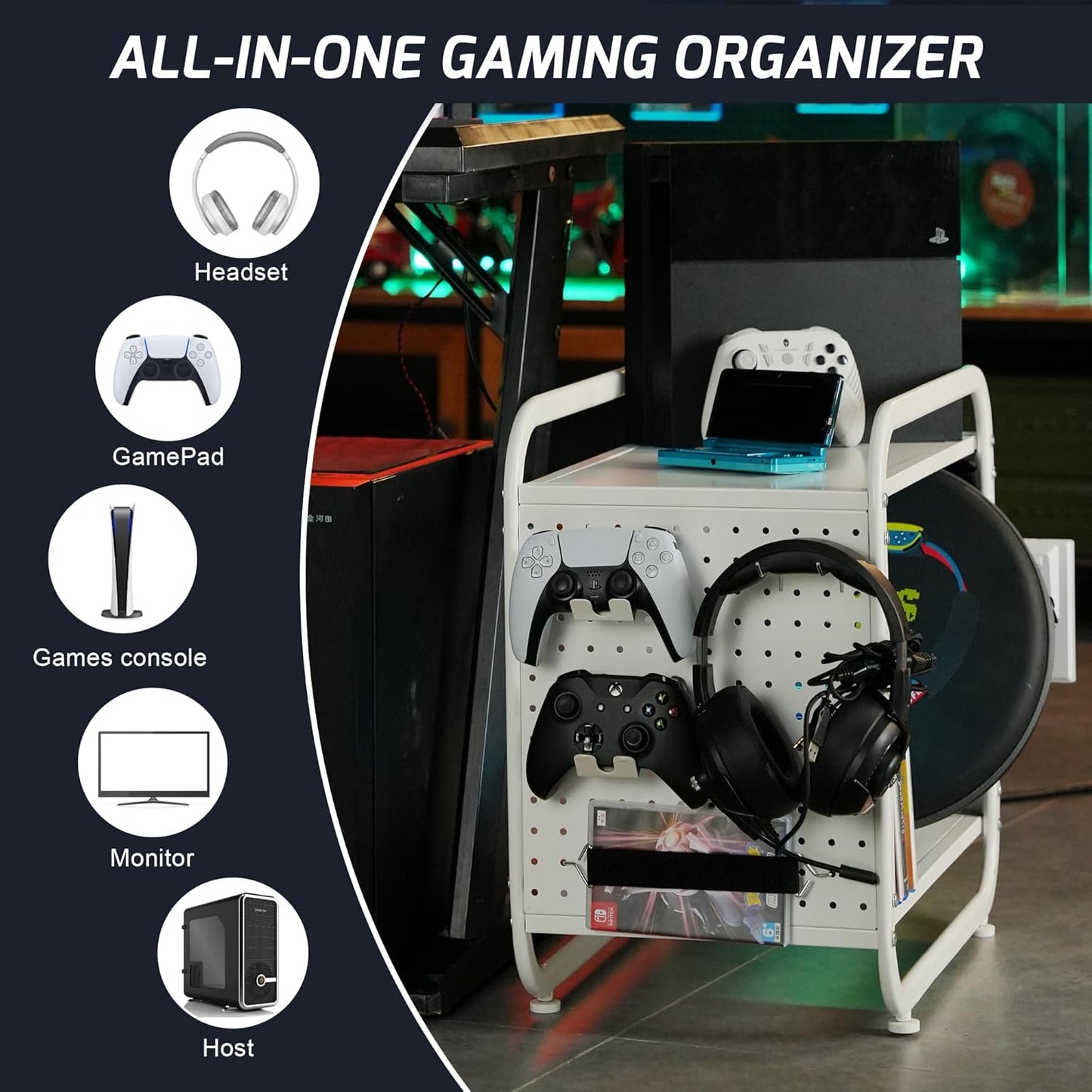 PLKOW Compact Video Game Storage Organizer, Xbox Stand Organizer for Consoles, Controllers, Headphones Xbox/PS5/PS4/Switch Accessories, Video Game Storage Rack, Black - A Great Gift for Gamers (White)
