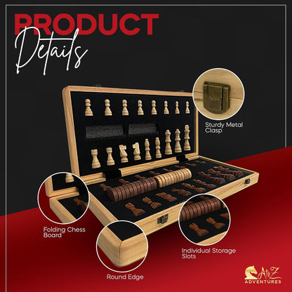 Magnetic Chess Set with Checkers - 15" (2 in 1) Folding Wooden Chess Sets for Adults & Kids with 2 Extra Queens | Travel Chess Board Game Set with Chess Pieces Storage Slots, Luxury Gift with Storage