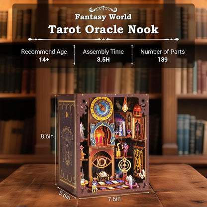 Book Nook Kit - DIY Miniature Dollhouse with LED Lights for Adults & Teens, Fantasy Tarot-Themed 3D Wooden Bookshelf Decor, for Craft Lovers