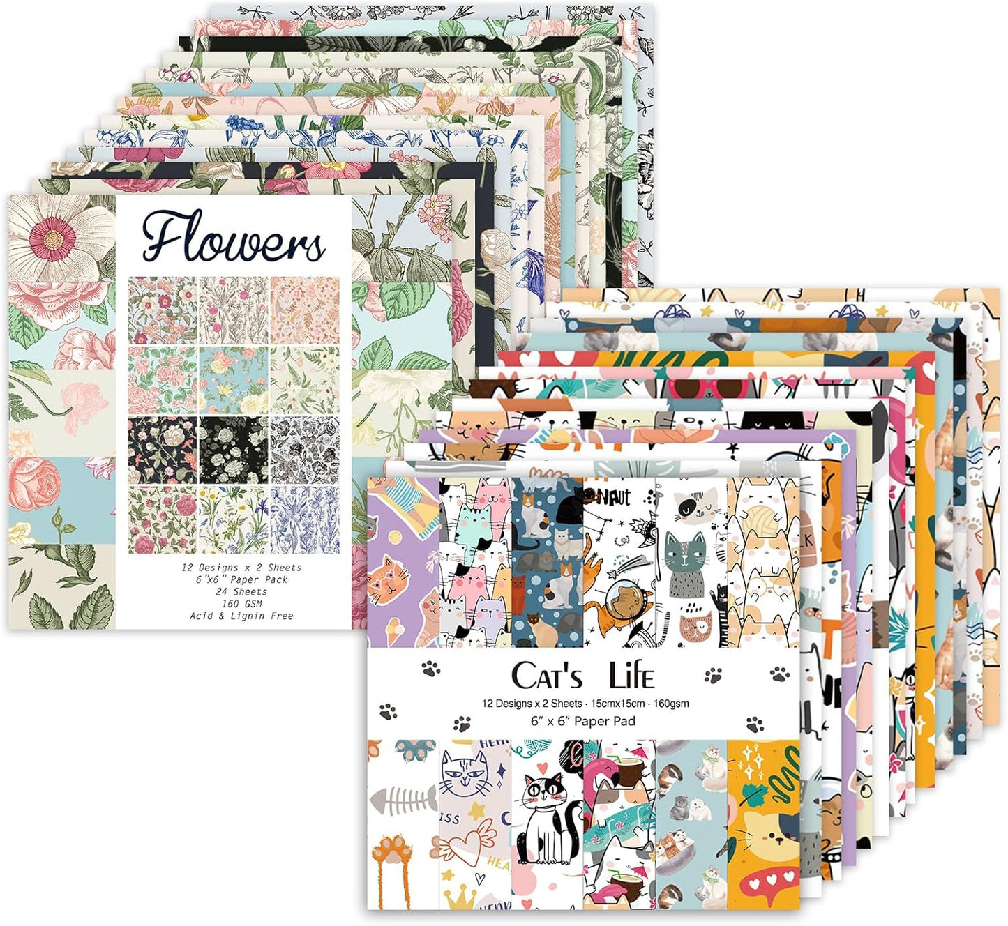 48 Sheets 24 Designs Scrapbook Paper Pad, 6"×6" Single-Sided Decopodge Craft Cardstock Paper,Scrapbooking DIY Decorative Background Cardmaking Supplies.Cat's Life&Flowers - Crafty Corner