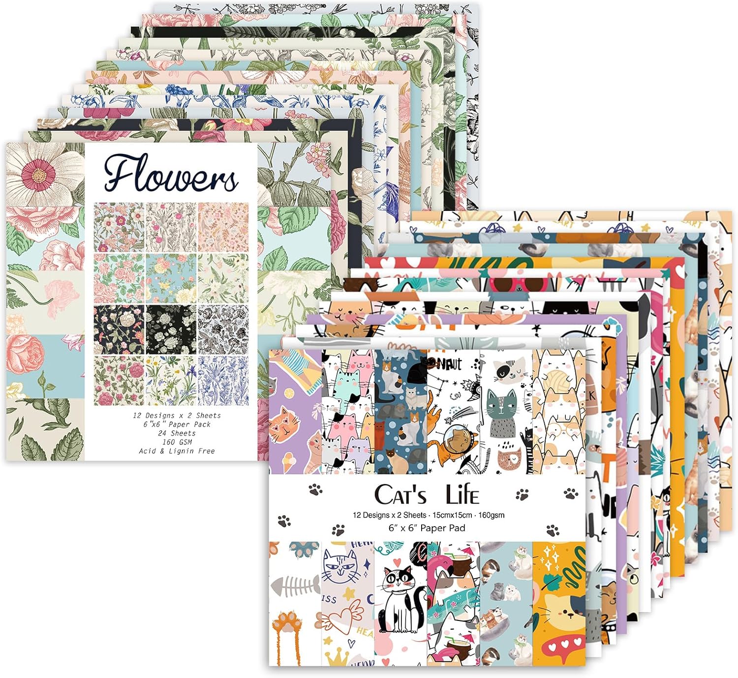 48 Sheets 24 Designs Scrapbook Paper Pad, 6"×6" Single-Sided Decopodge Craft Cardstock Paper,Scrapbooking DIY Decorative Background Cardmaking Supplies.Cat's Life&Flowers - Crafty Corner