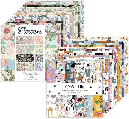 48 Sheets 24 Designs Scrapbook Paper Pad, 6"×6" Single-Sided Decopodge Craft Cardstock Paper,Scrapbooking DIY Decorative Background Cardmaking Supplies.Cat's Life&Flowers - Crafty Corner