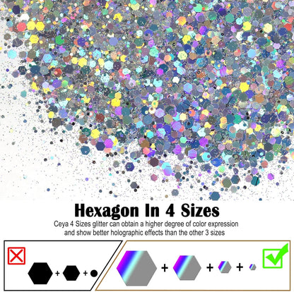 Ceya Holographic Chunky Glitter, 1 LB/ 16OZ Laser Diamond Silver Bulk Craft Glitter Mixed Chunky Fine Glitter Bottled Metallic Flake Nail Sequins for Resin, Tumblers, Scrapbooking, Festival Decor, Art