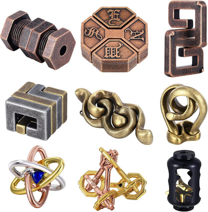 Wettarn 9 Pcs Metal Brain Teaser Puzzles Teaser 3D Steel Puzzle for Adults Unlock Interlocking Games IQ Education Smart Logic Test Toys for Adults Mind Challenge(Adorable Style)