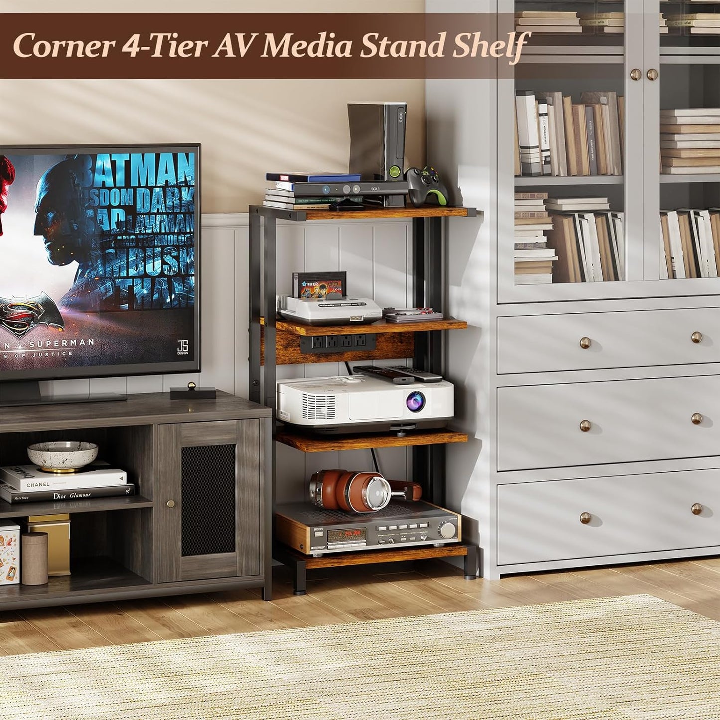 X-cosrack 4-Tier AV Media Stand with Power Strips, Wooden Corner Shelf Component Cabinet Stereo Audio Rack Stand Tower Perfect for DVD Players:Game Console:TV Box:Cable Box:Xbox:WiFi Router