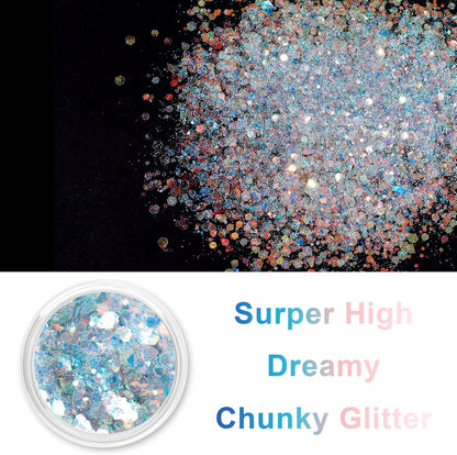 Renfio Opal Chunky Glitter - 1.75oz/50g Blue Holographic Glitter Mix for Resin Nails Art, Hair, DIY Snow - Ice Queen