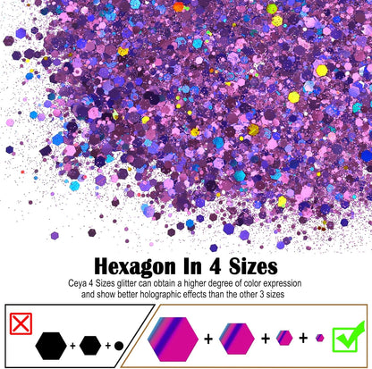 Ceya Holographic Chunky Glitter, 4.9oz/ 140g Purple Craft Glitter Powder Mixed Chunky & Fine Flakes Iridescent Nail Sequins for Nail Art, Hair, Epoxy Resin, Tumblers, Slime, Painting, Festival Decor